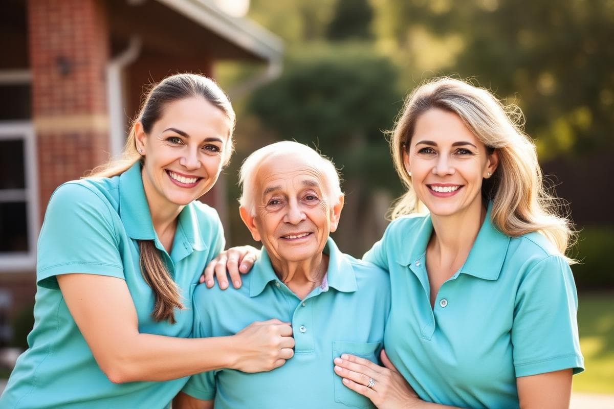 Caregiver with senior outdoors smiling