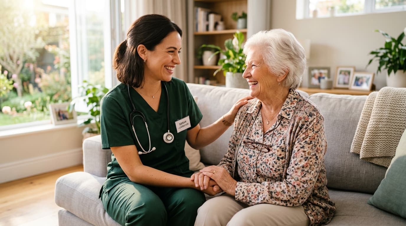 Compassionate caregiver smiling warmly with happy senior woman